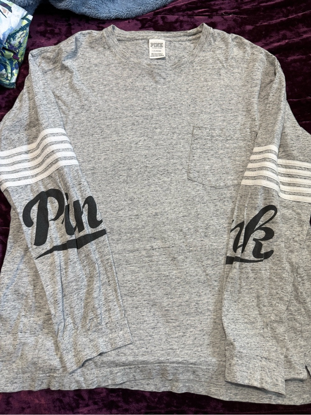 PINK Victoria's Secret Gray Long Sleeve Pocket Tee with Sleeve Script